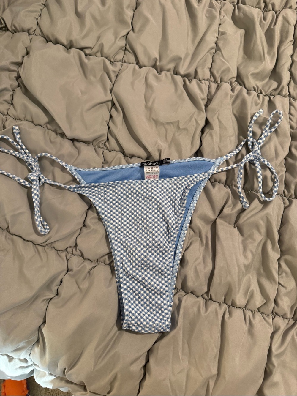Boohoo Blue Gingham Tie-Side Bikini Bottom